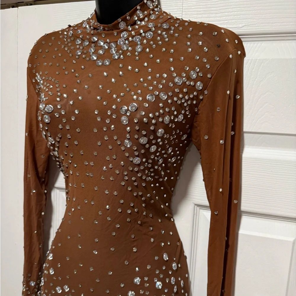 Brown Rhinestone Embellished Mesh Bodysuit Unitard - Picture 3 of 7